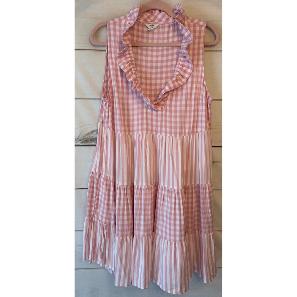 Crown & Ivy Pink Gingham Striped Tiered Ruffle Neck Sleeveless Tunic Top Large